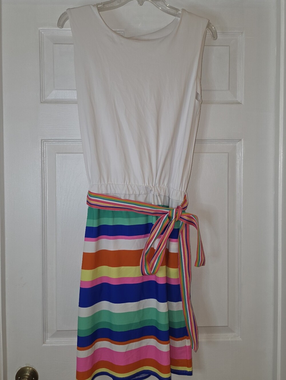 Jude Connally White Tank Dress with Multicolor Striped Skirt and Tie